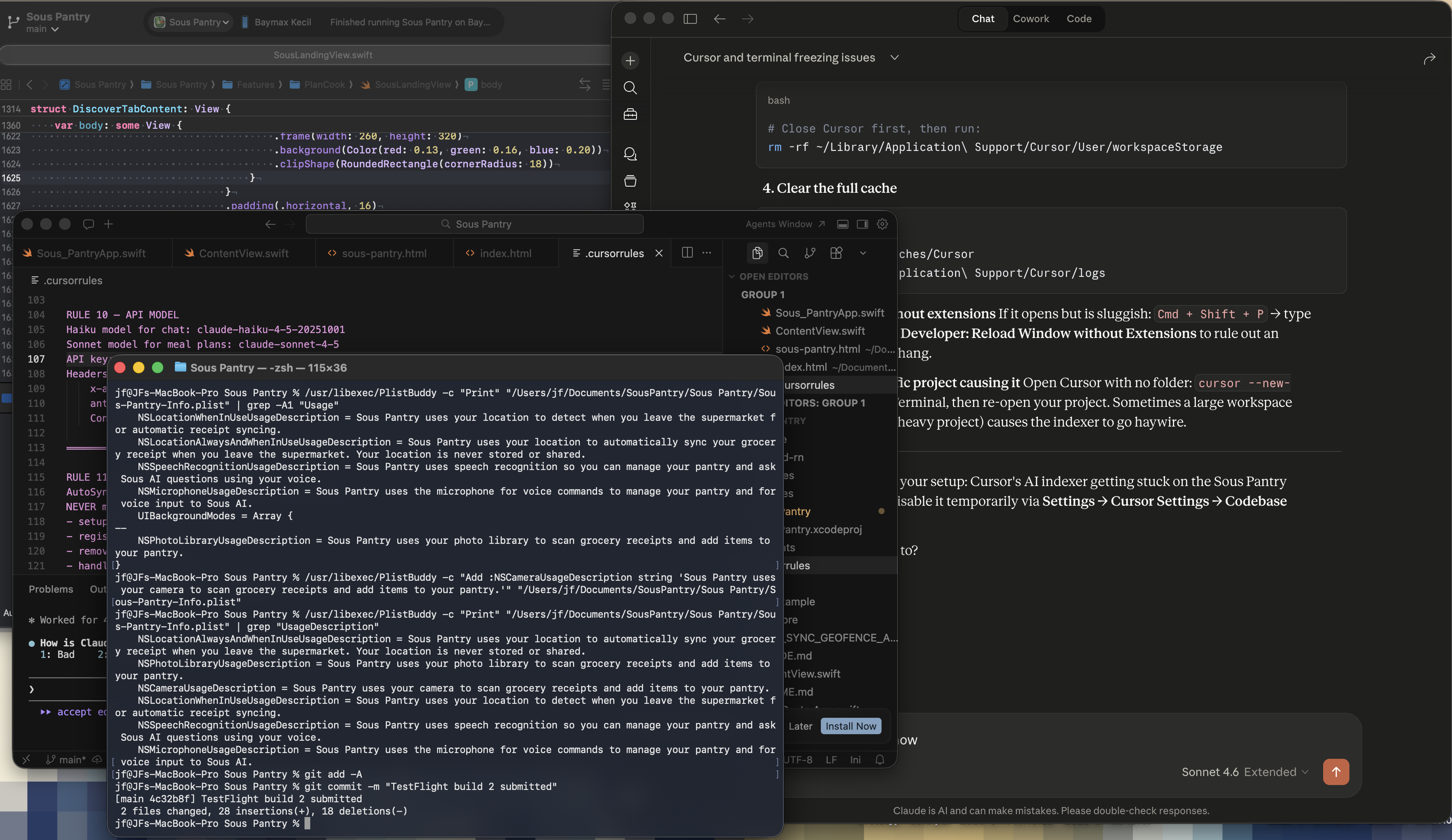 Claude Code in Cursor terminal showing .cursorrules file and freezing issues