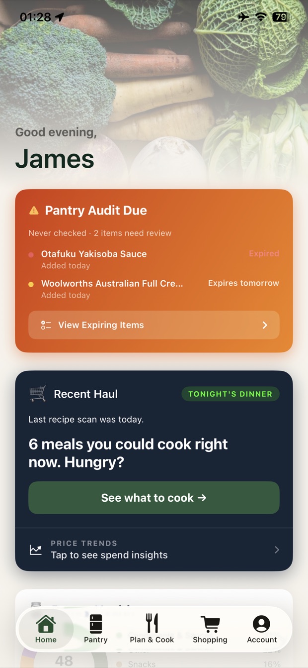 Sous Pantry home screen with a pantry audit and meals you can cook now