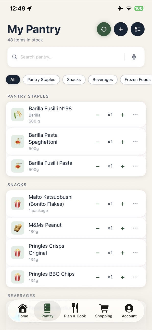 Sous Pantry inventory listing 48 items by category