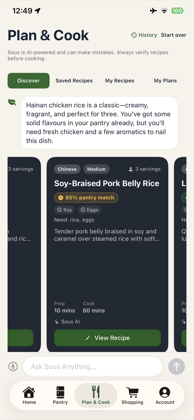Sous Pantry meal suggestions with pantry match percentages