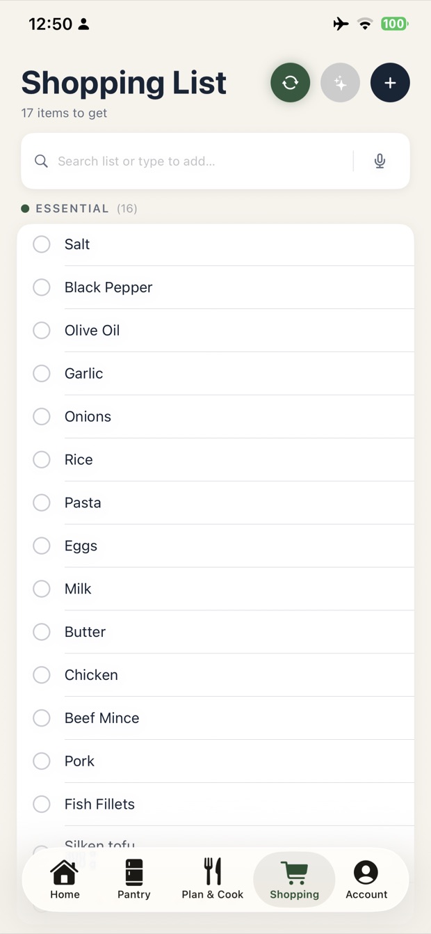 Sous Pantry shopping list with 17 items to get