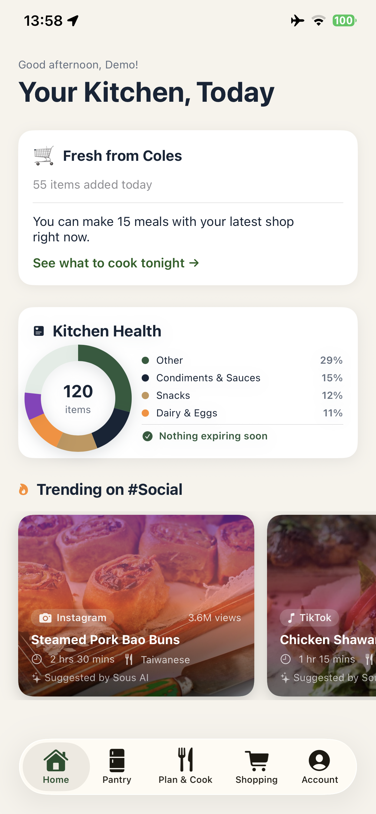 Sous Pantry — Home screen showing Kitchen Health and Fresh from Coles summary