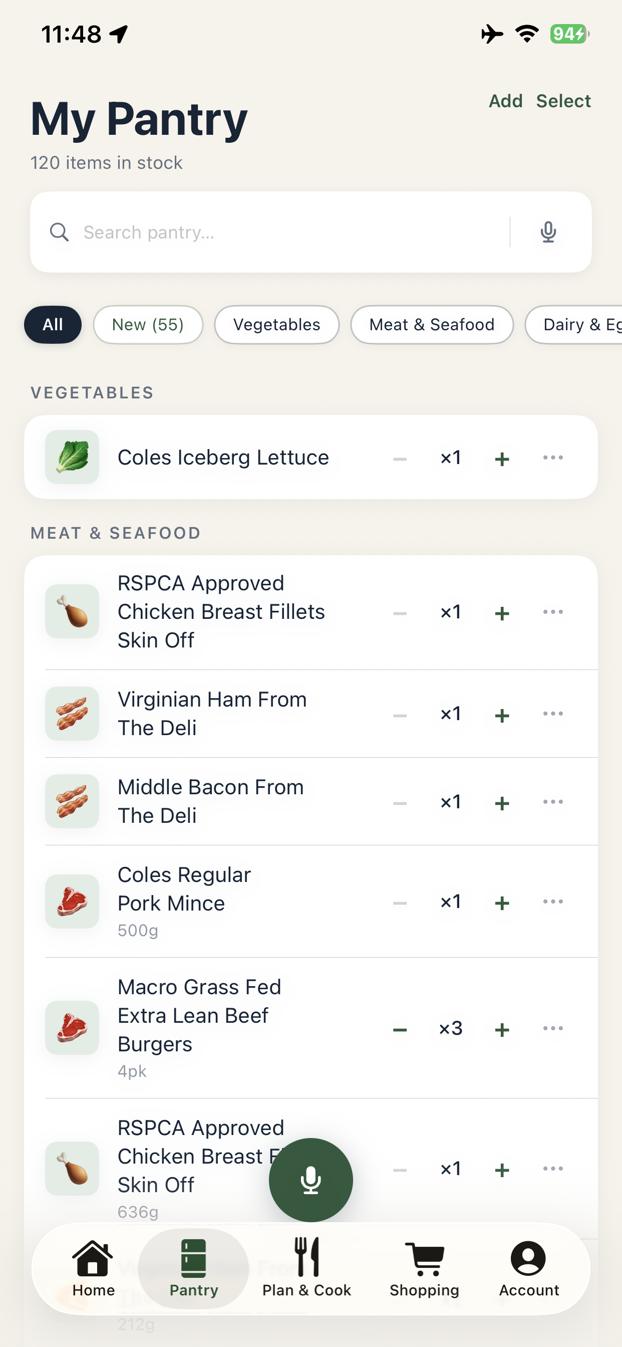 Sous Pantry — My Pantry screen with categorised inventory list