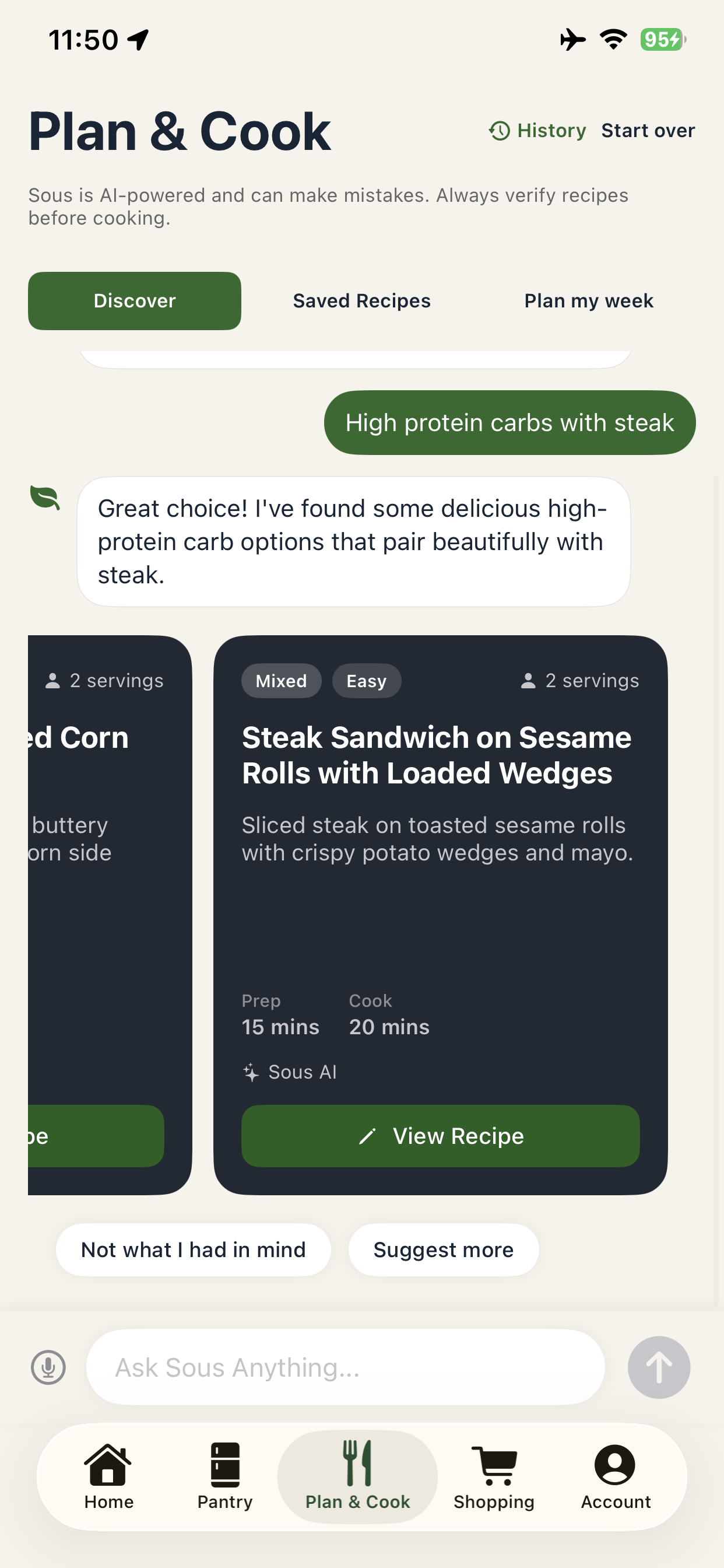Sous Pantry — Plan & Cook AI chat suggesting steak recipes