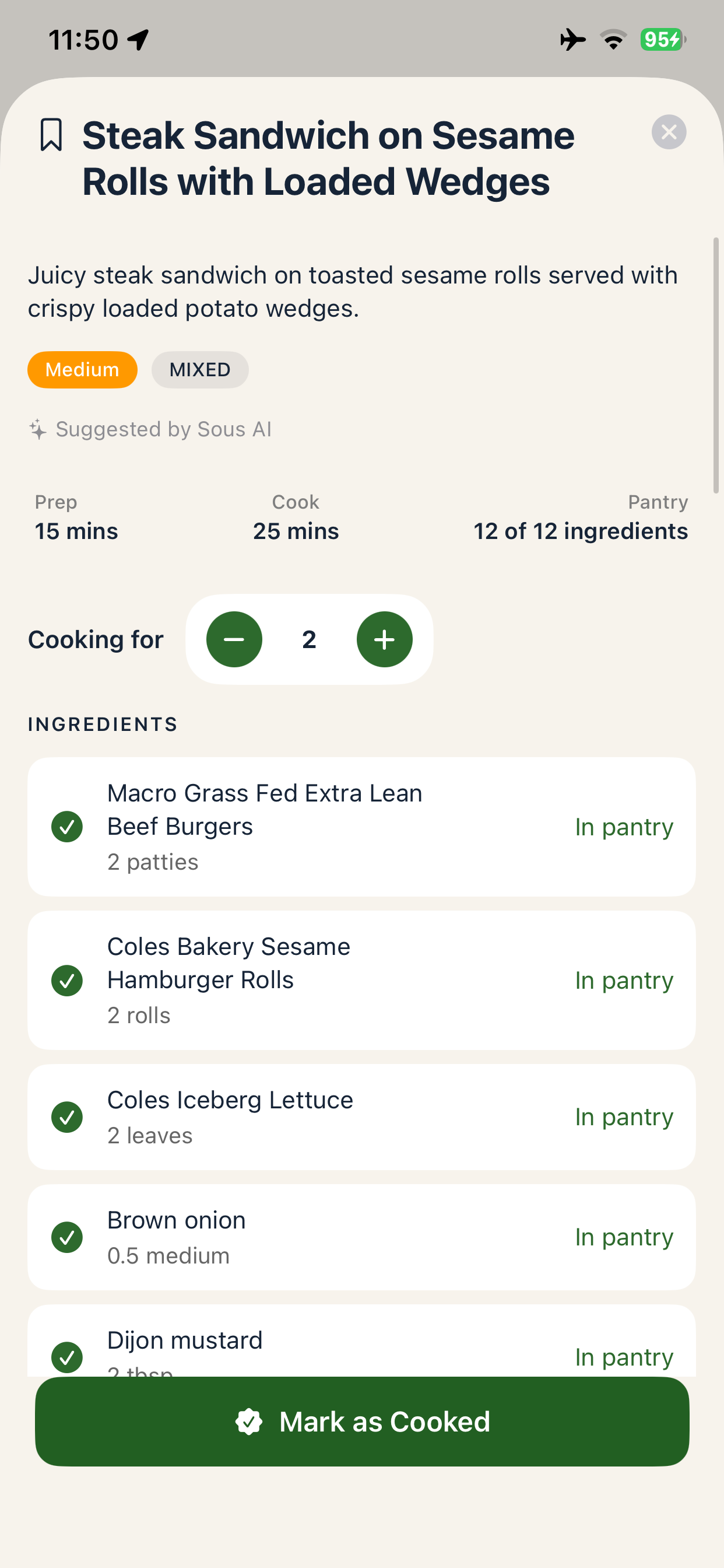 Sous Pantry — Recipe detail showing all pantry ingredients matched