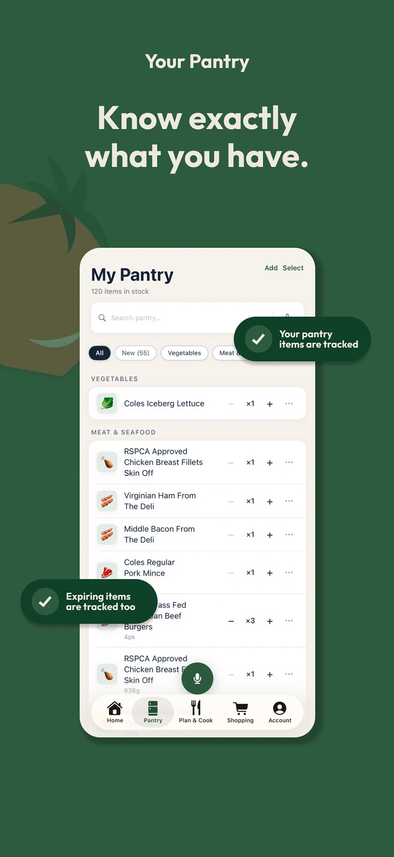 Sous Pantry — My Pantry screen with categorised inventory list