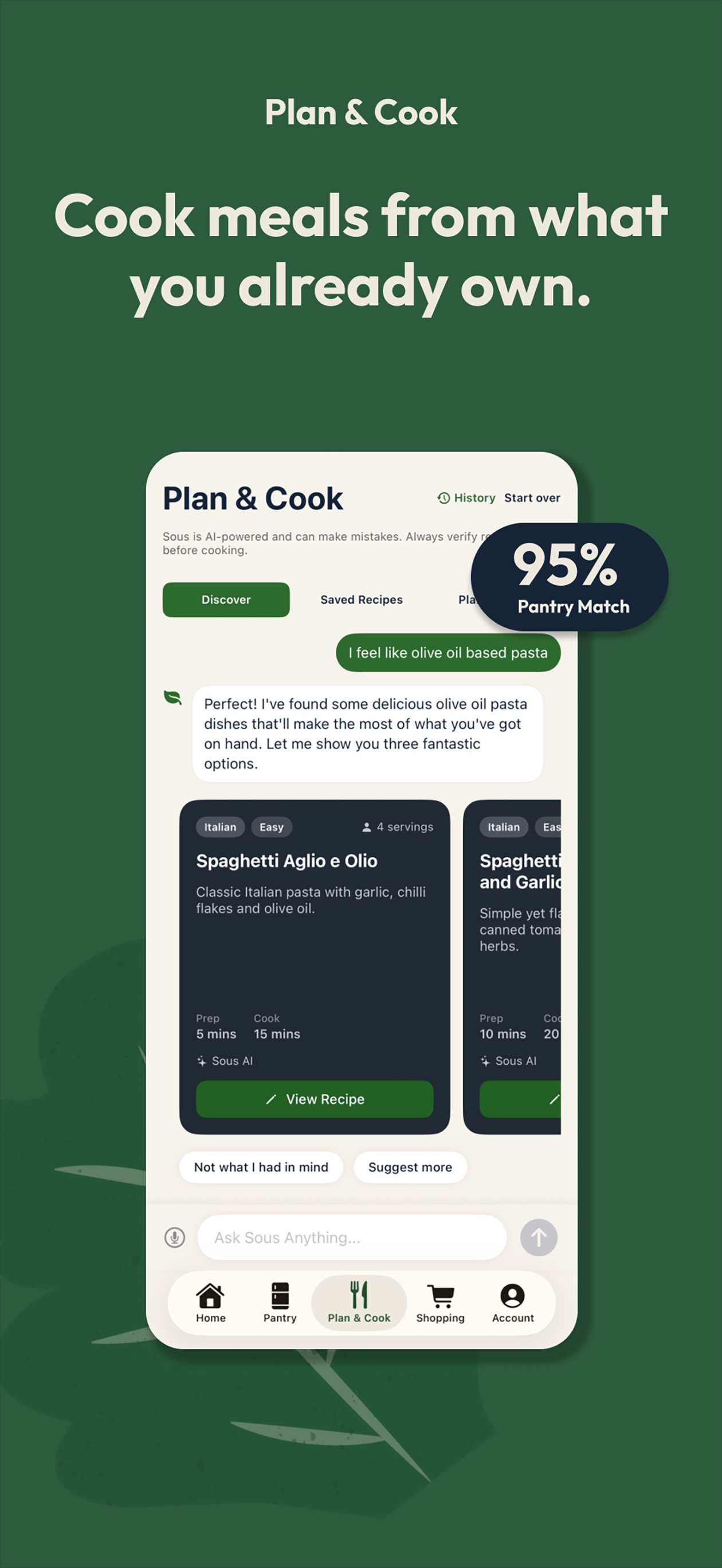 Sous Pantry — Plan & Cook AI chat suggesting recipes from your pantry