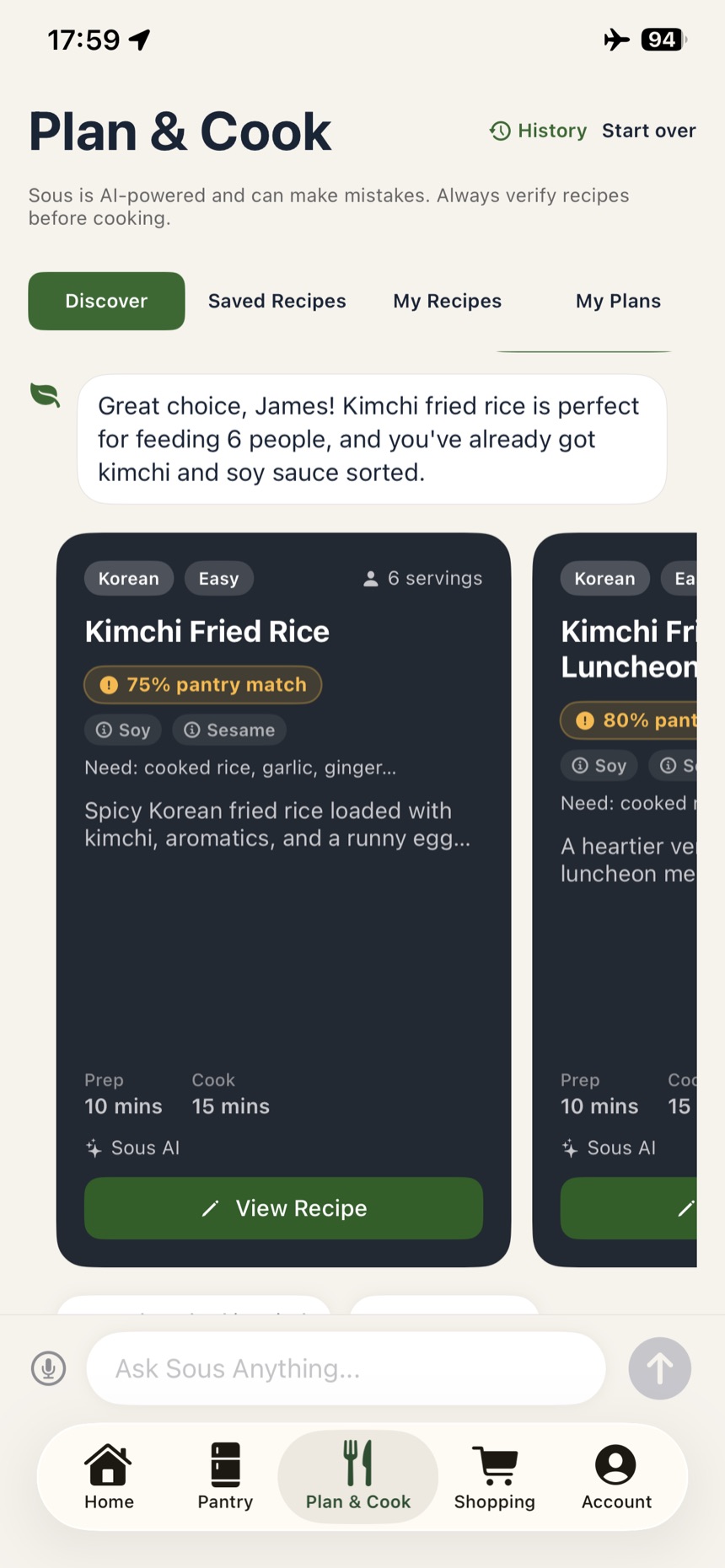 Sous Pantry recipe suggestion showing a 75 percent pantry match badge in amber with soy and sesame allergen chips