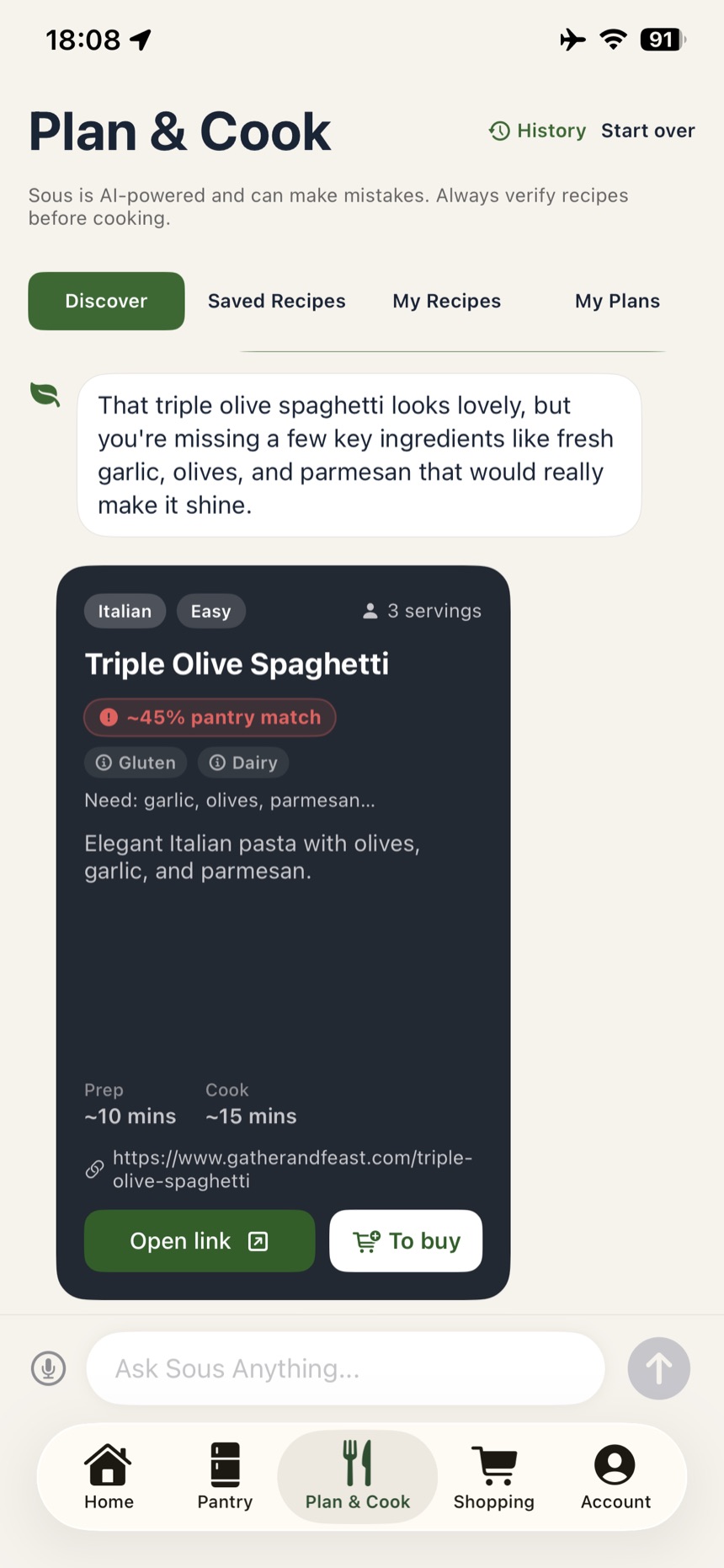Sous Pantry showing a recipe pulled in from an external cooking site, scored at 45 percent pantry match with the missing ingredients listed and a To buy action