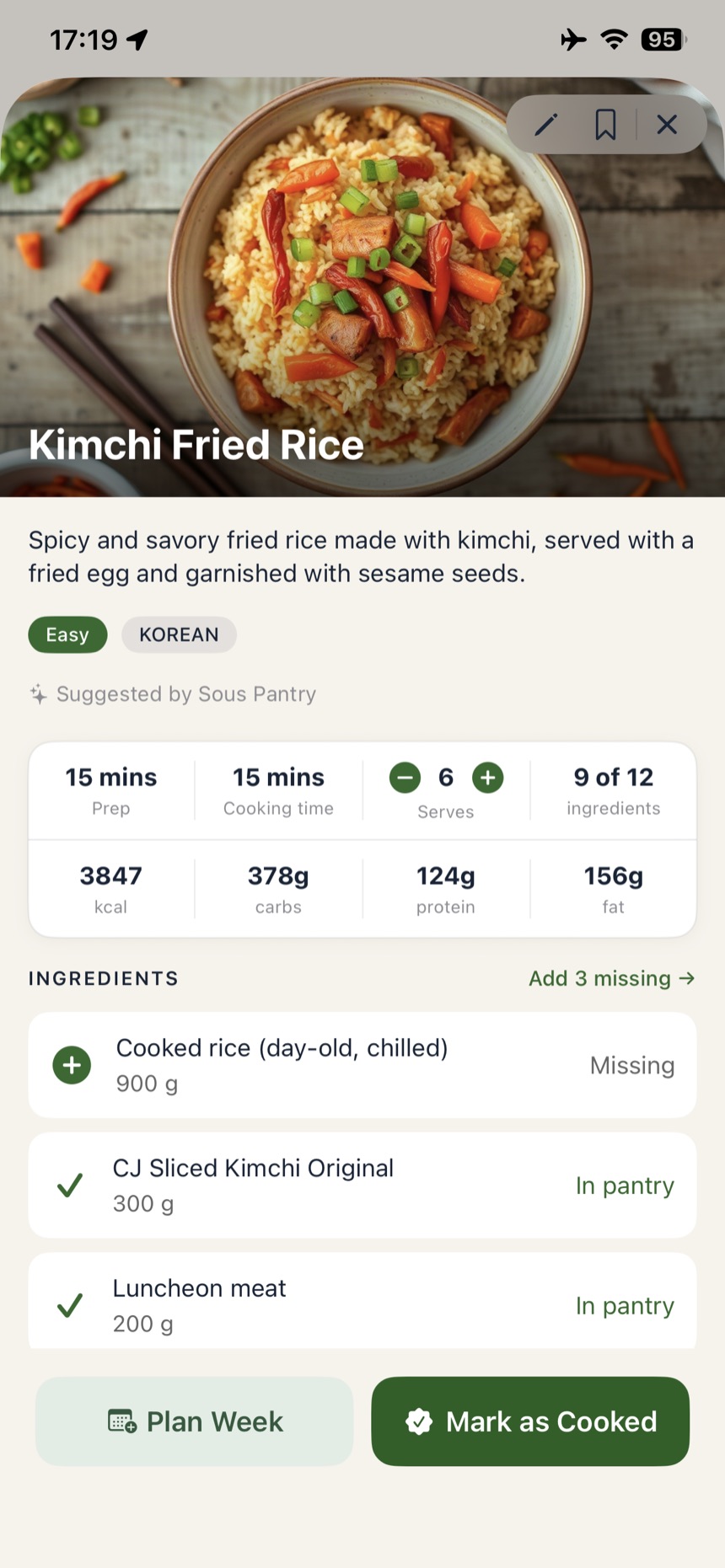 Sous Pantry recipe detail showing 9 of 12 ingredients in pantry with an add 3 missing action